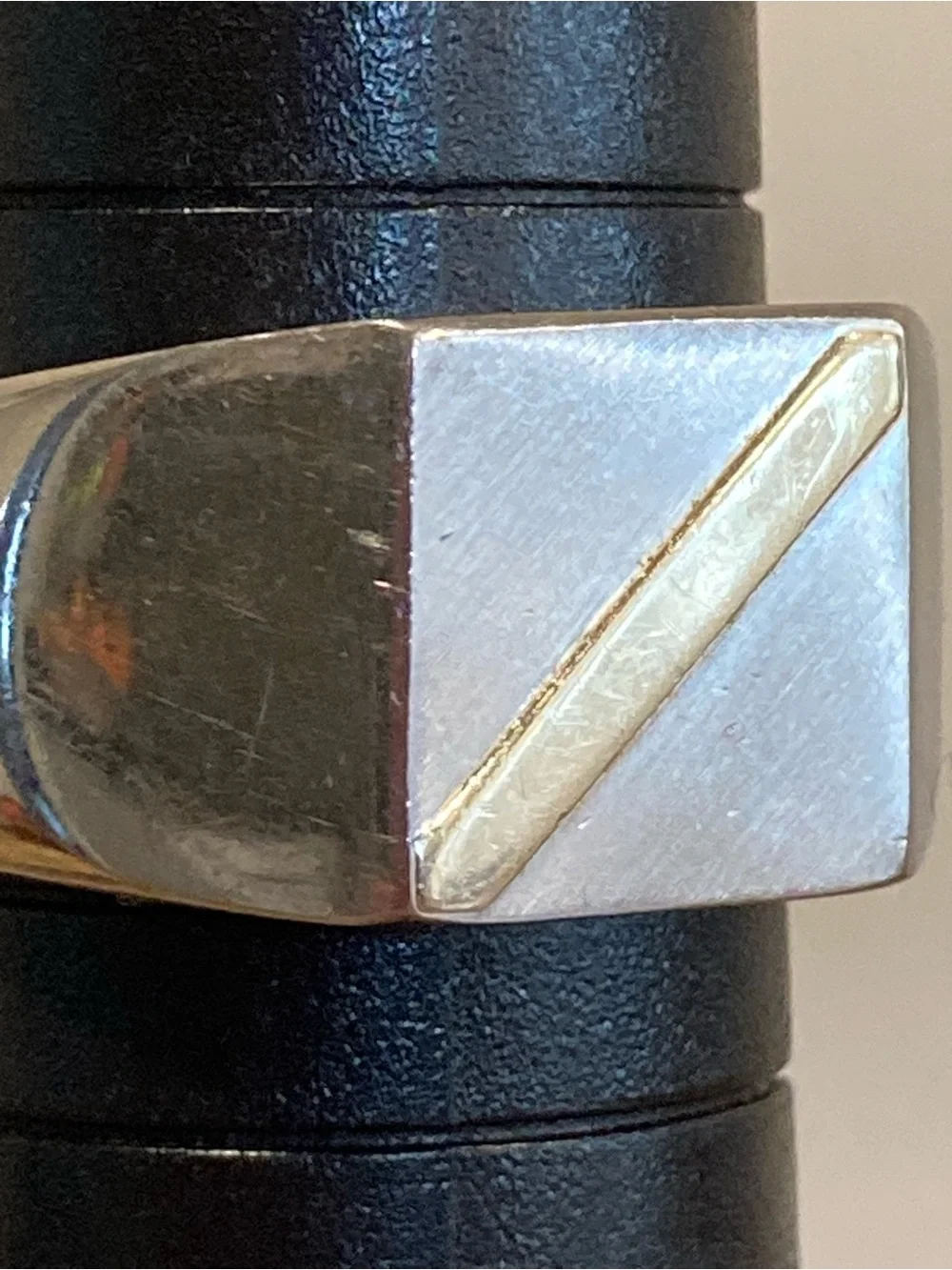 Mens Steel & 14K Gold Diagonal Stripe Signet Style Ring Size 10.25 China